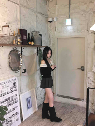 Off-shoulder Shirred Flare Elastic Mini Skirt