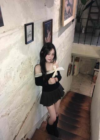 Off-shoulder Shirred Flare Elastic Mini Skirt