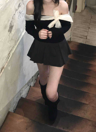 Off-shoulder Shirred Flare Elastic Mini Skirt