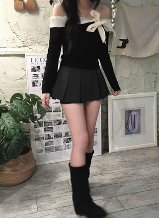 Off-shoulder Shirred Flare Elastic Mini Skirt