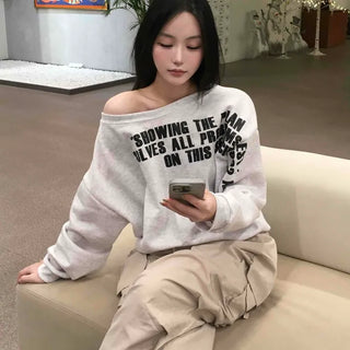 Stitch Detail Play Lettering Wide Neck Sweatshirt