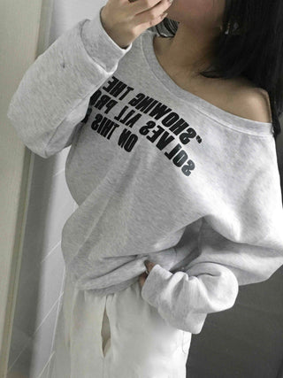 Stitch Detail Play Lettering Wide Neck Sweatshirt