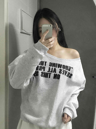 Stitch Detail Play Lettering Wide Neck Sweatshirt