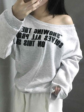 Stitch Detail Play Lettering Wide Neck Sweatshirt