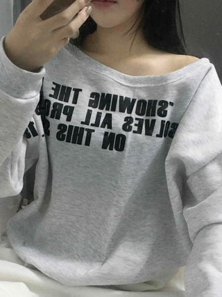 Stitch Detail Play Lettering Wide Neck Sweatshirt