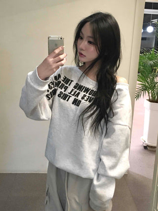 Stitch Detail Play Lettering Wide Neck Sweatshirt