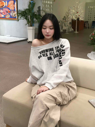 Stitch Detail Play Lettering Wide Neck Sweatshirt