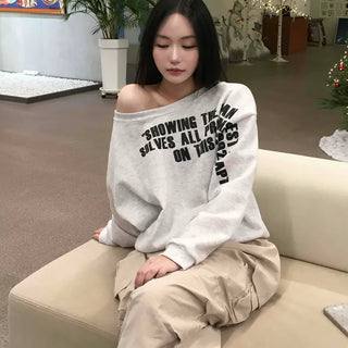 Stitch Detail Play Lettering Wide Neck Sweatshirt