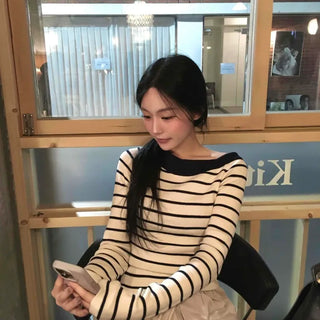 Classic Slit Neck Striped Slim Knit
