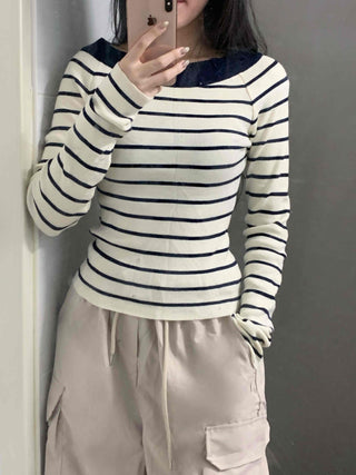 Classic Slit Neck Striped Slim Knit