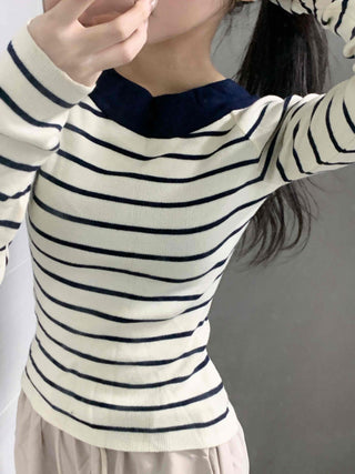 Classic Slit Neck Striped Slim Knit