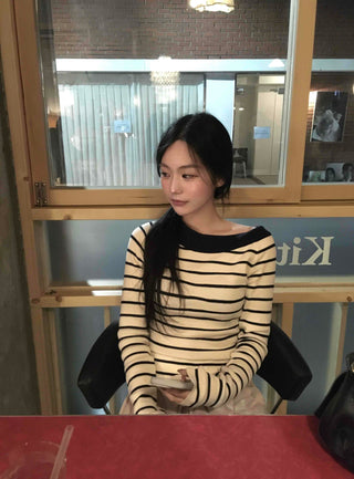 Classic Slit Neck Striped Slim Knit