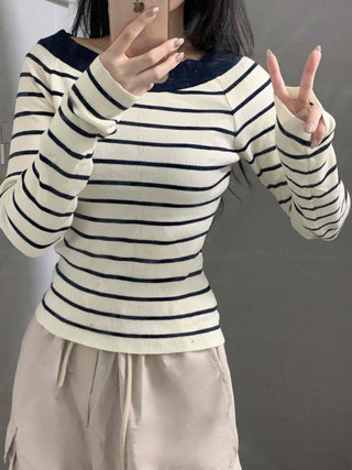 Classic Slit Neck Striped Slim Knit
