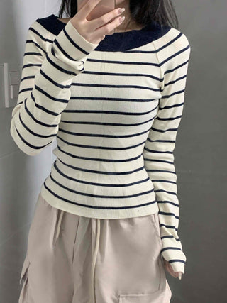 Classic Slit Neck Striped Slim Knit