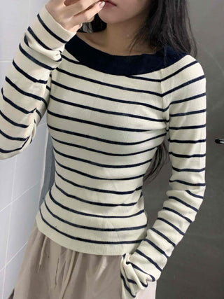 Classic Slit Neck Striped Slim Knit