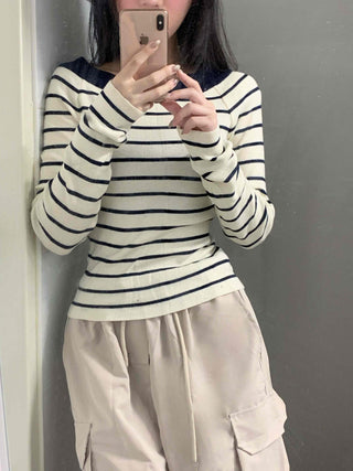 Classic Slit Neck Striped Slim Knit