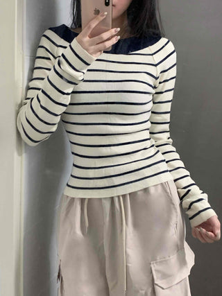 Classic Slit Neck Striped Slim Knit