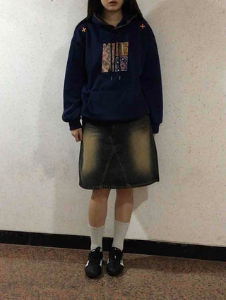 Gradient washed H-line denim midi skirt