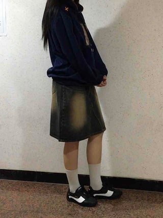 Gradient washed H-line denim midi skirt