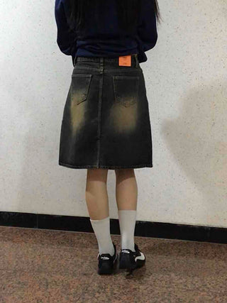 Gradient washed H-line denim midi skirt