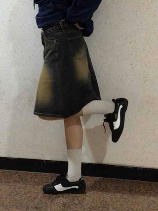 Gradient washed H-line denim midi skirt
