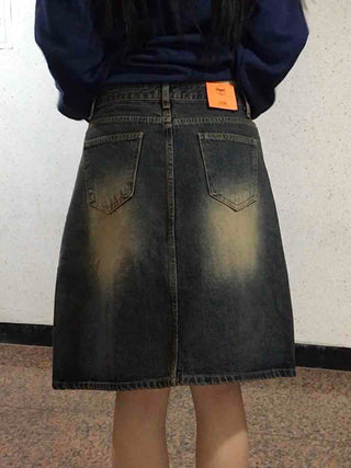 Gradient washed H-line denim midi skirt