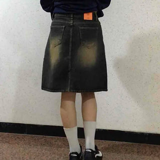 Gradient washed H-line denim midi skirt