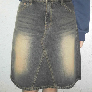 Gradient washed H-line denim midi skirt
