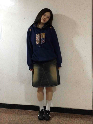 Gradient washed H-line denim midi skirt