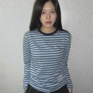 Slim Fit Rib Neckline Contrast Striped Long Sleeve T-shirt