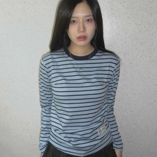 Slim Fit Rib Neckline Contrast Striped Long Sleeve T-shirt