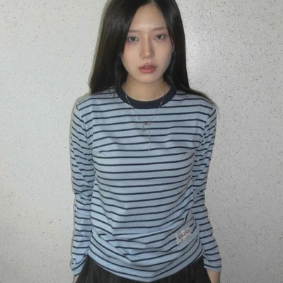 Slim Fit Rib Neckline Contrast Striped Long Sleeve T-shirt