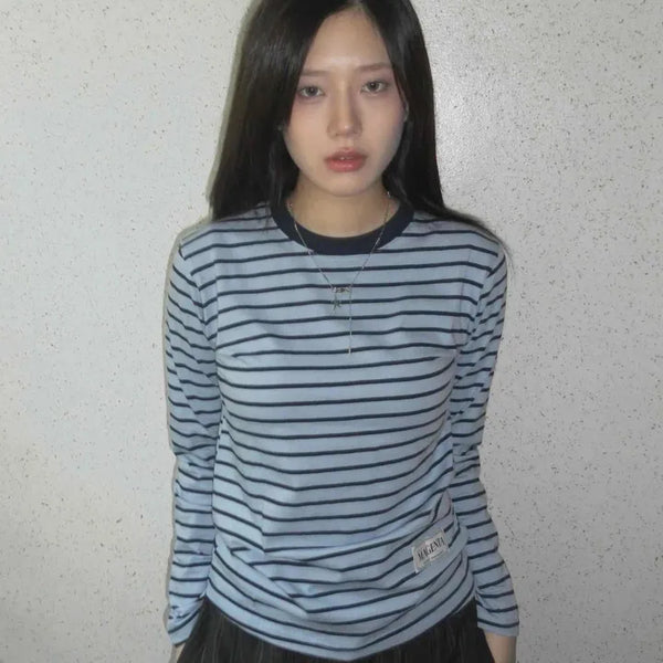 Slim Fit Rib Neckline Contrast Striped Long Sleeve T-shirt