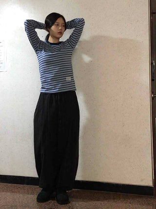 Slim Fit Rib Neckline Contrast Striped Long Sleeve T-shirt