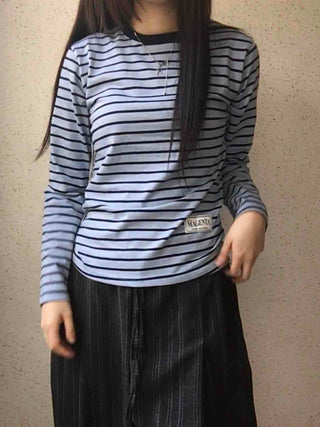 Slim Fit Rib Neckline Contrast Striped Long Sleeve T-shirt