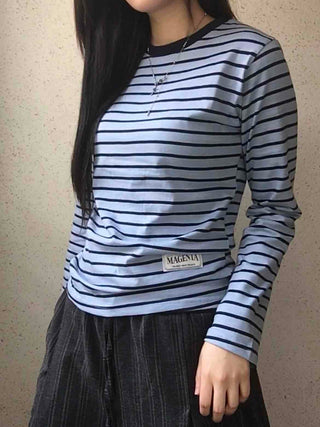 Slim Fit Rib Neckline Contrast Striped Long Sleeve T-shirt