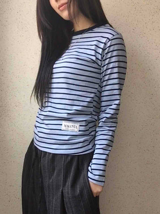 Slim Fit Rib Neckline Contrast Striped Long Sleeve T-shirt