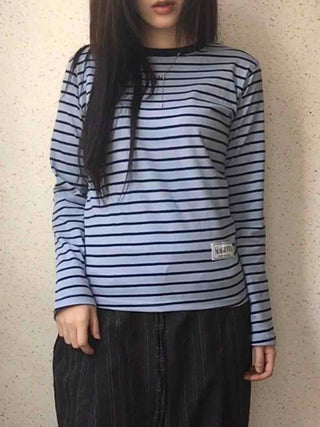 Slim Fit Rib Neckline Contrast Striped Long Sleeve T-shirt