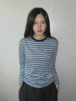 Slim Fit Rib Neckline Contrast Striped Long Sleeve T-shirt