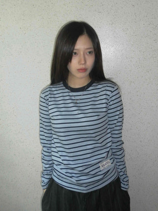 Slim Fit Rib Neckline Contrast Striped Long Sleeve T-shirt