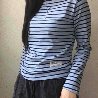 Slim Fit Rib Neckline Contrast Striped Long Sleeve T-shirt
