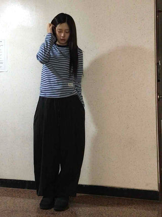 Slim Fit Rib Neckline Contrast Striped Long Sleeve T-shirt