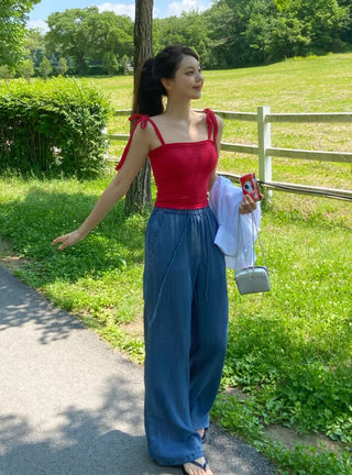 Miv Square Neck Ribbon Ribbed Sleeveless Top