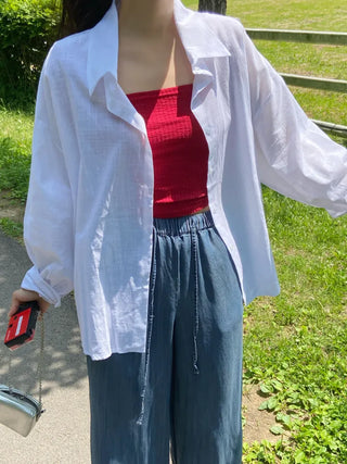 Reben Boxy Fit Linen See-Through Long Sleeve Shirt