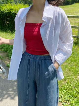 Reben Boxy Fit Linen See-Through Long Sleeve Shirt