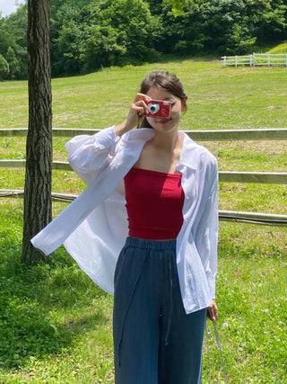 Reben Boxy Fit Linen See-Through Long Sleeve Shirt