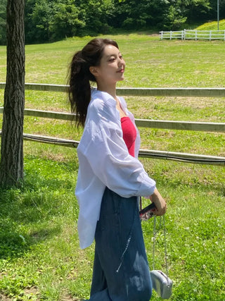Reben Boxy Fit Linen See-Through Long Sleeve Shirt