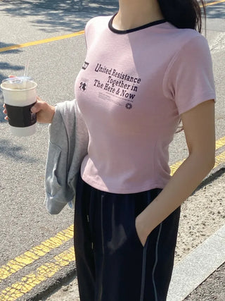 Tabin Lettering Color Block Crop Short Sleeve T-shirt