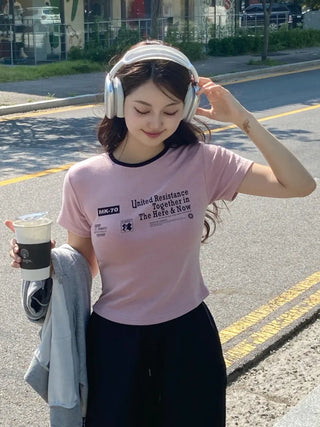 Tabin Lettering Color Block Crop Short Sleeve T-shirt