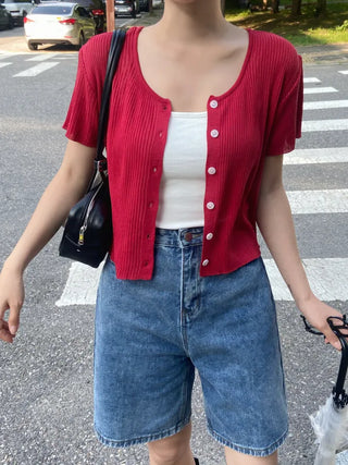 Jomi Summer Ribbed Short Sleeve U-Neck Cardigan